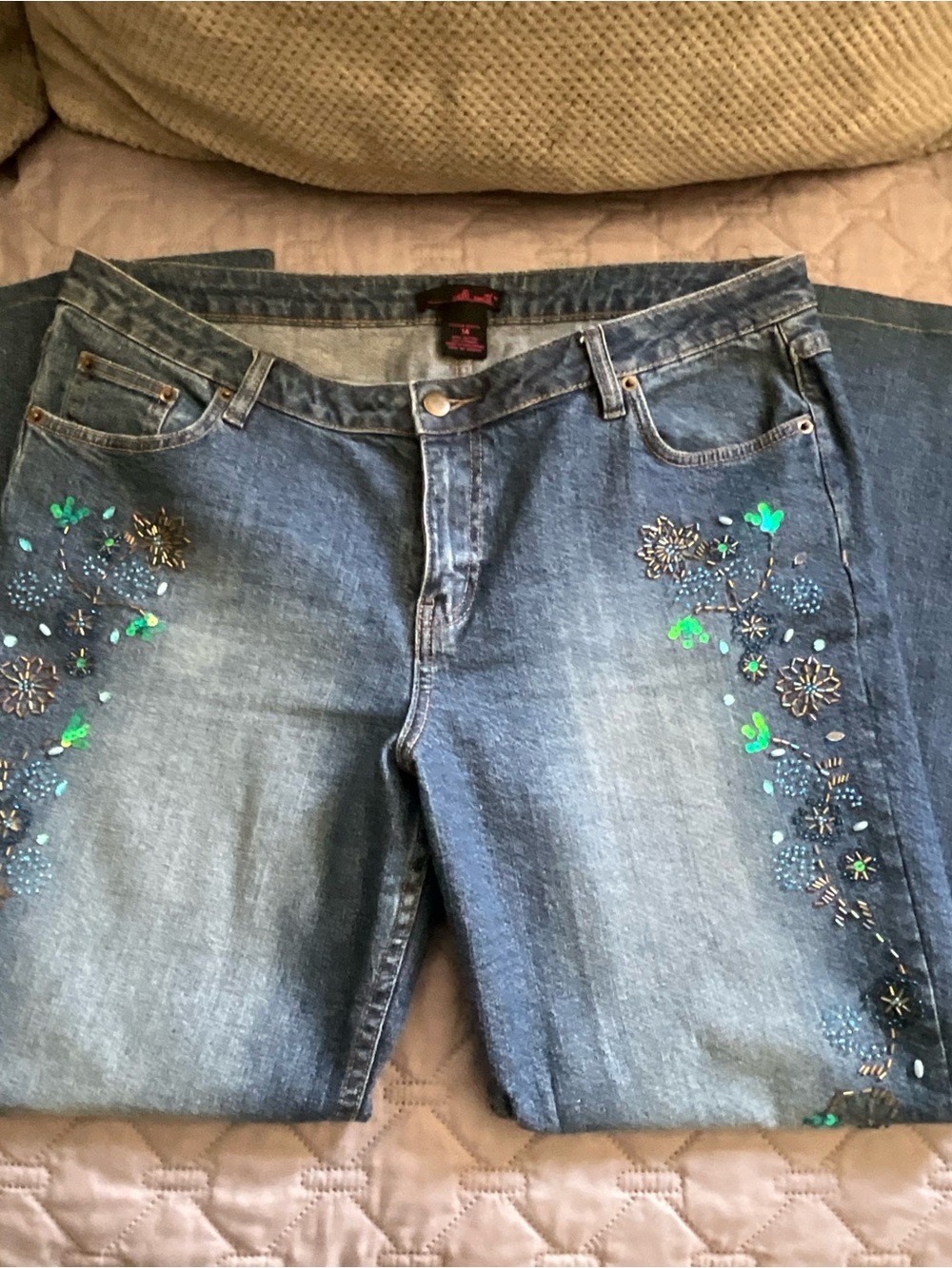 Willi Smith Blue Straight-Leg Jeans with Green & Teal Floral Embellishment